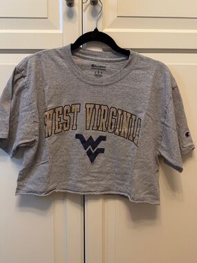 WVU Champion Cropped Tee - Gray with Navy & Gold Logo